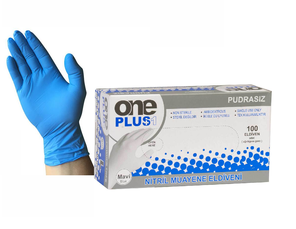 One Plus Mavi Nitril Muayene Eldiveni - Pudrasız - Nitrex İş