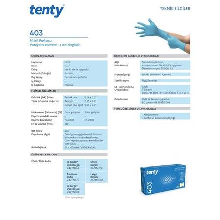 Tenty 403 Mavi Nitril Muayene Eldiveni - Pudrasız