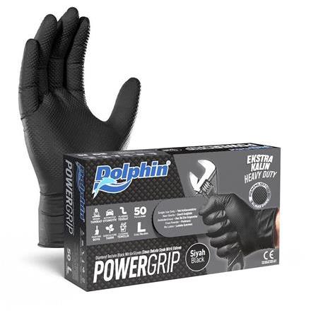 Dolphin Power Grip Siyah Nitril Muayene Eldiveni - Pudrasız